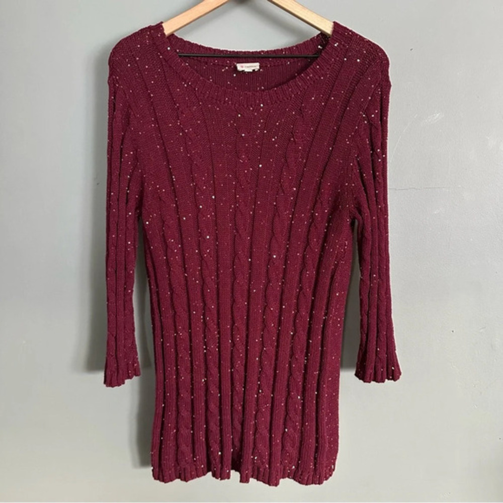 Cremieux Sequin Tunic Sweater Dress in Burgundy 100%‎ Cotton. Large